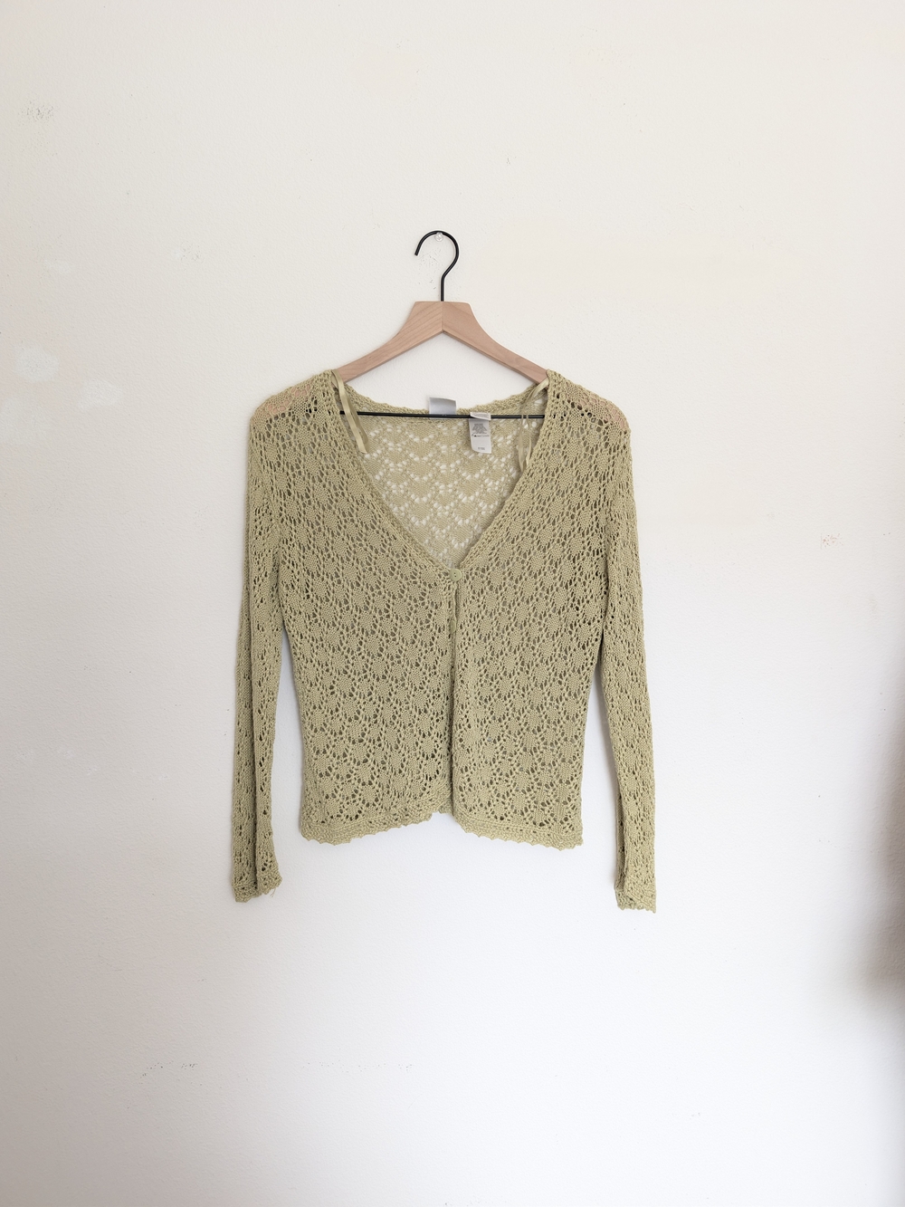 Emma James Olive Green Openwork Silk Crochet Knit V-Neck Knit Cardigan